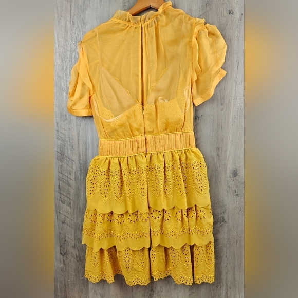 Self-Portrait NWOT Embroidered Chiffon Tiered Mini Dress In Gold Yellow Size 4 - Picture 14 of 16
